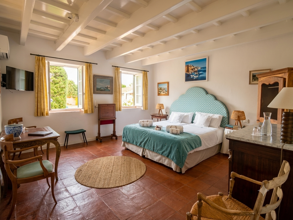 High-end bedroom at finca Son Bonaventura with green headboard, Menorca