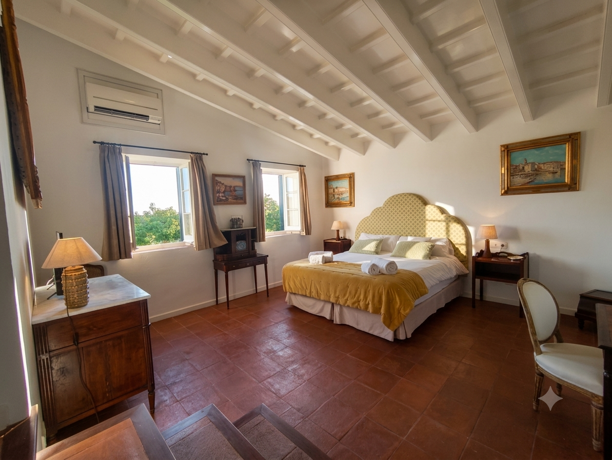Elegant double bedroom at finca Son Bonaventura with antique furniture and terracotta tiles, Menorca